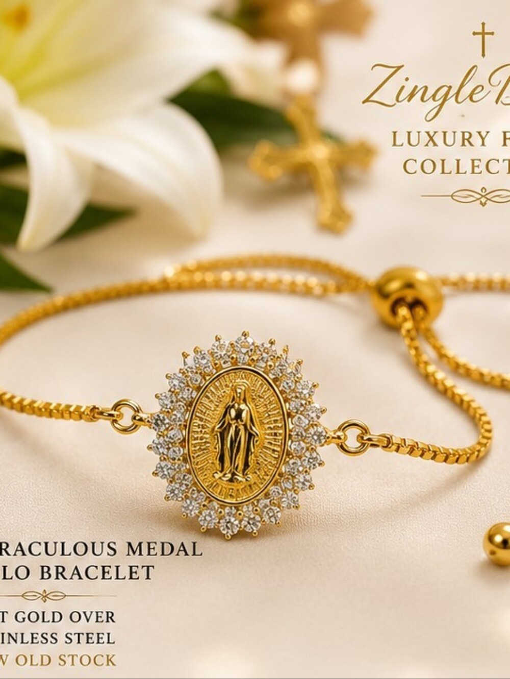 18K Gold Over Stainless Steel Miraculous Medal Bolo Bracelet CZ Halo Adjustable